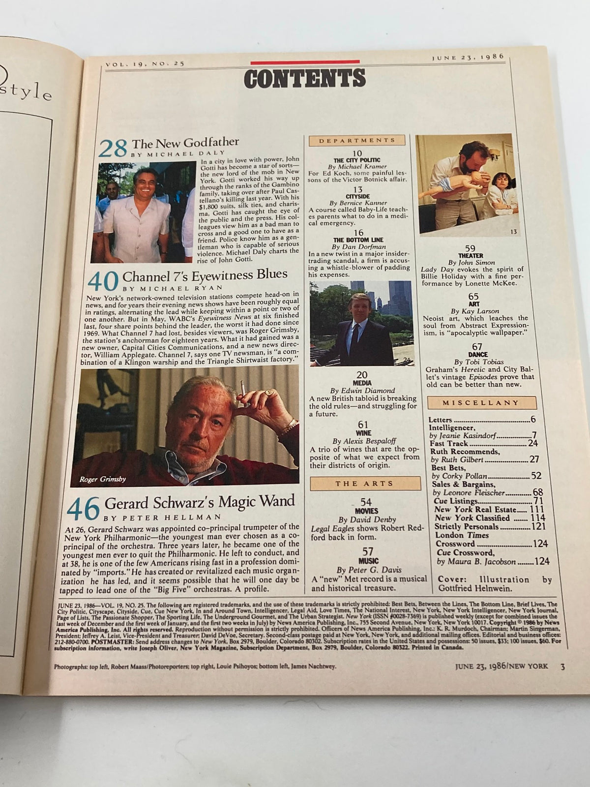 Contents page of the VTG New York Magazine June 23, 1986, featuring articles such as 'The New Godfather' and 'Channel 7's Eyewitness Blues', reflecting the magazine's focus on organized crime and television news during that era.