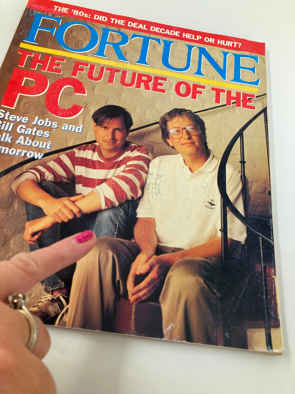 Fortune Magazine cover from August 26, 1991 featuring Steve Jobs and Bill Gates discussing the future of the PC, with Jobs in a striped shirt and Gates in a white polo.