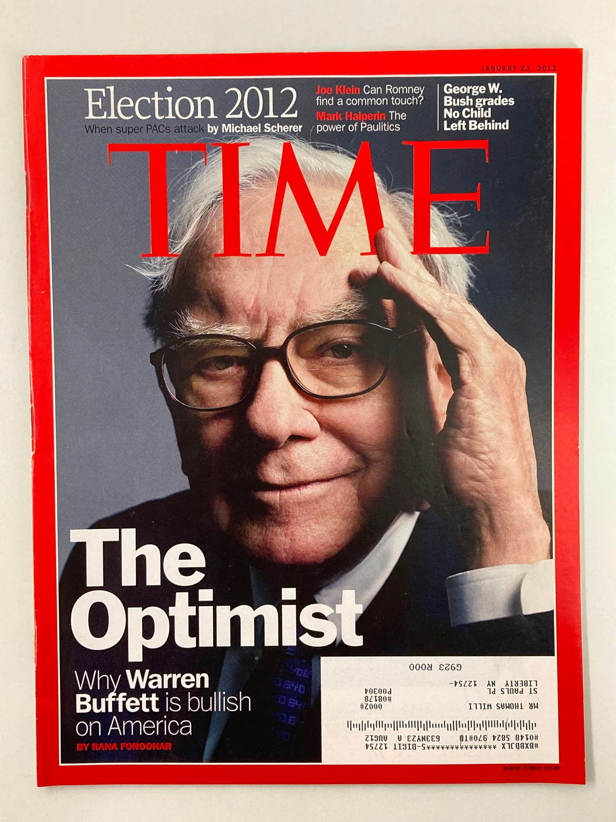 Cover of Time Magazine dated January 23, 2012, featuring Warren Buffett with the title 'The Optimist' and the subtitle 'Why Warren Buffett is bullish on America'.