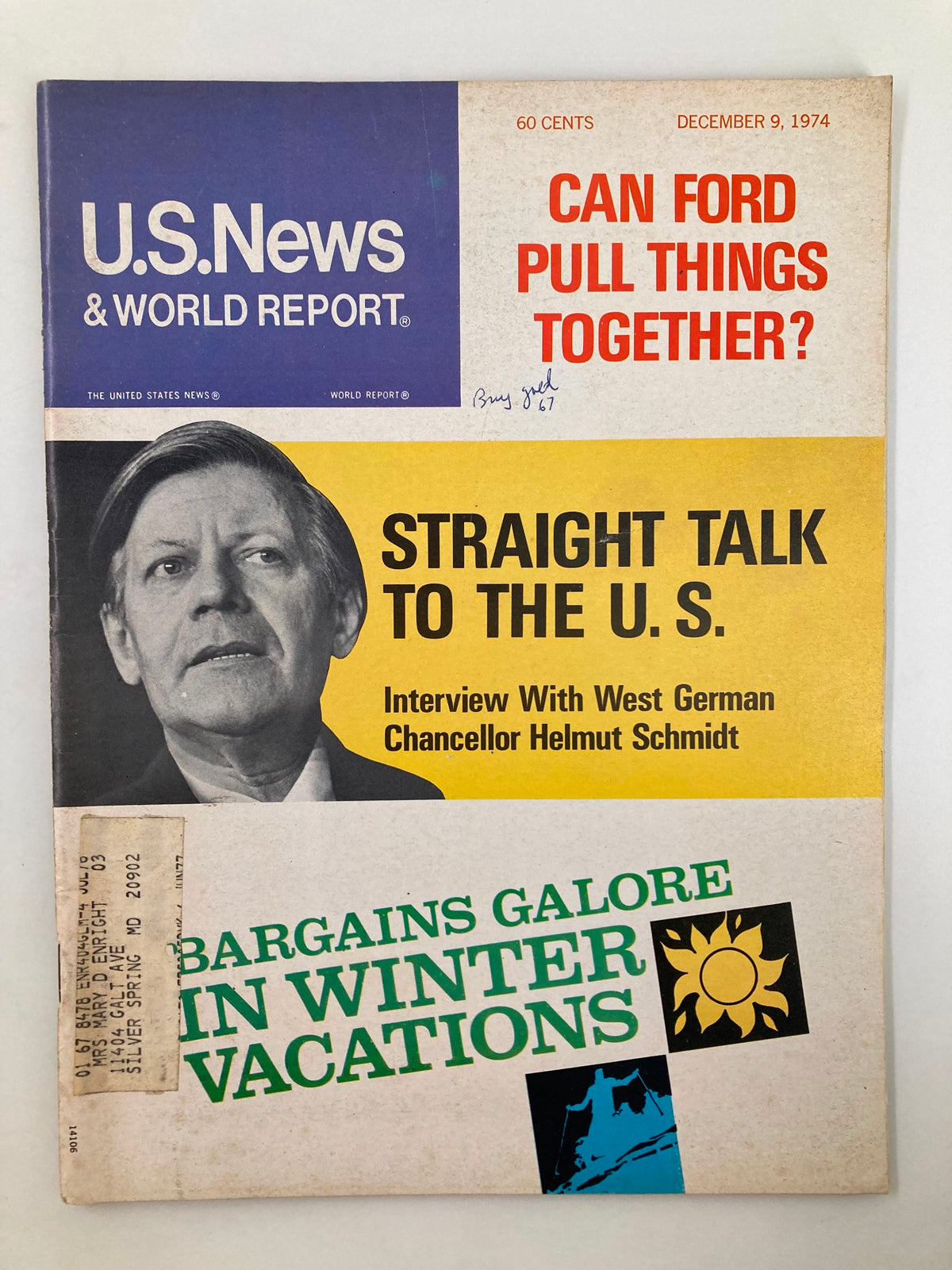 Cover of US News & World Report Magazine dated December 9, 1974 featuring an interview with Helmut Schmidt, displaying a vintage design with bold text and graphics.