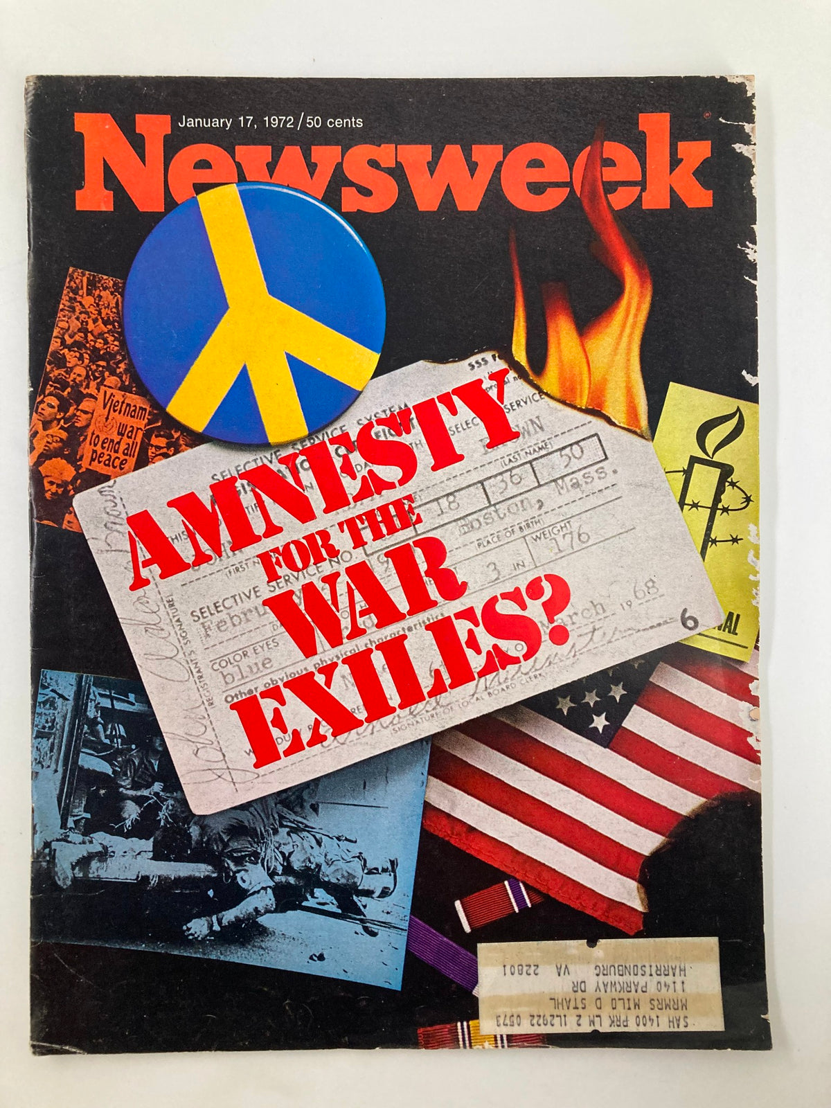 Cover of VTG Newsweek Magazine January 17 1972 featuring 'Amnesty for the War Exiles?' with a peace symbol, flames, and American flag elements.