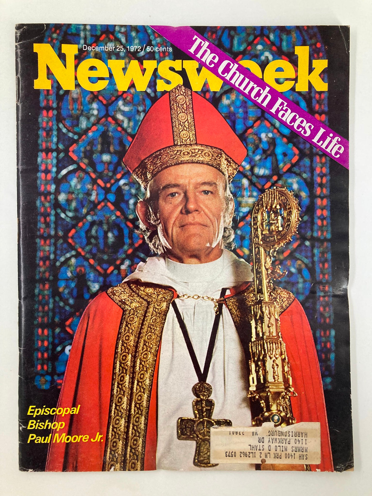 Vintage Newsweek Magazine December 25 1972 featuring Episcopal Bishop Paul Moore Jr. on the cover, showcasing the theme 'The Church Faces Life' with a colorful stained glass background.