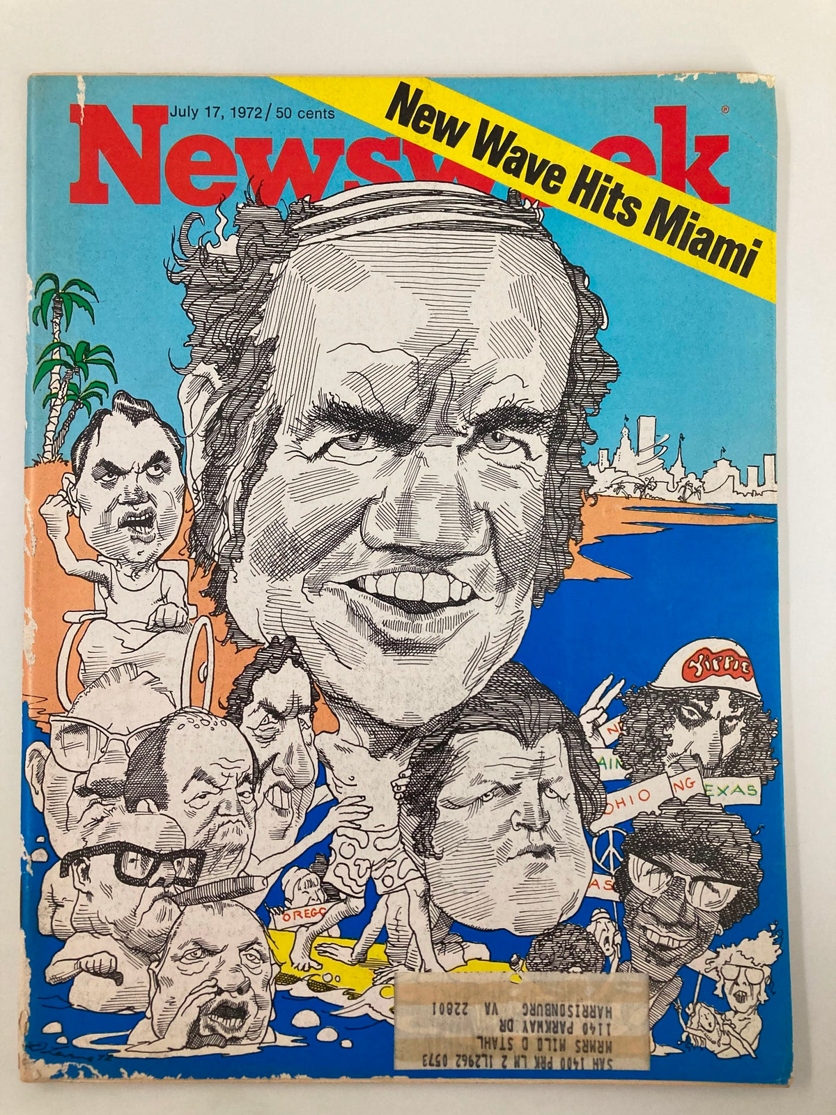 Cover of VTG Newsweek Magazine from July 17, 1972, featuring illustrations related to the article 'A New Wave Hits Miami.' The vibrant cover showcases humorous caricatures and a colorful design.