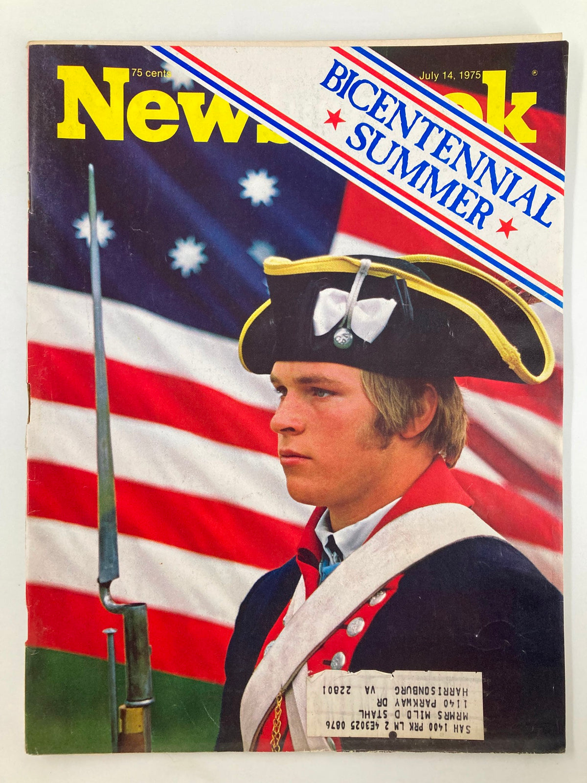 Cover of the VTG Newsweek Magazine from July 14, 1975, featuring a young soldier in Revolutionary War attire against a backdrop of the American flag, celebrating the Bicentennial Summer.