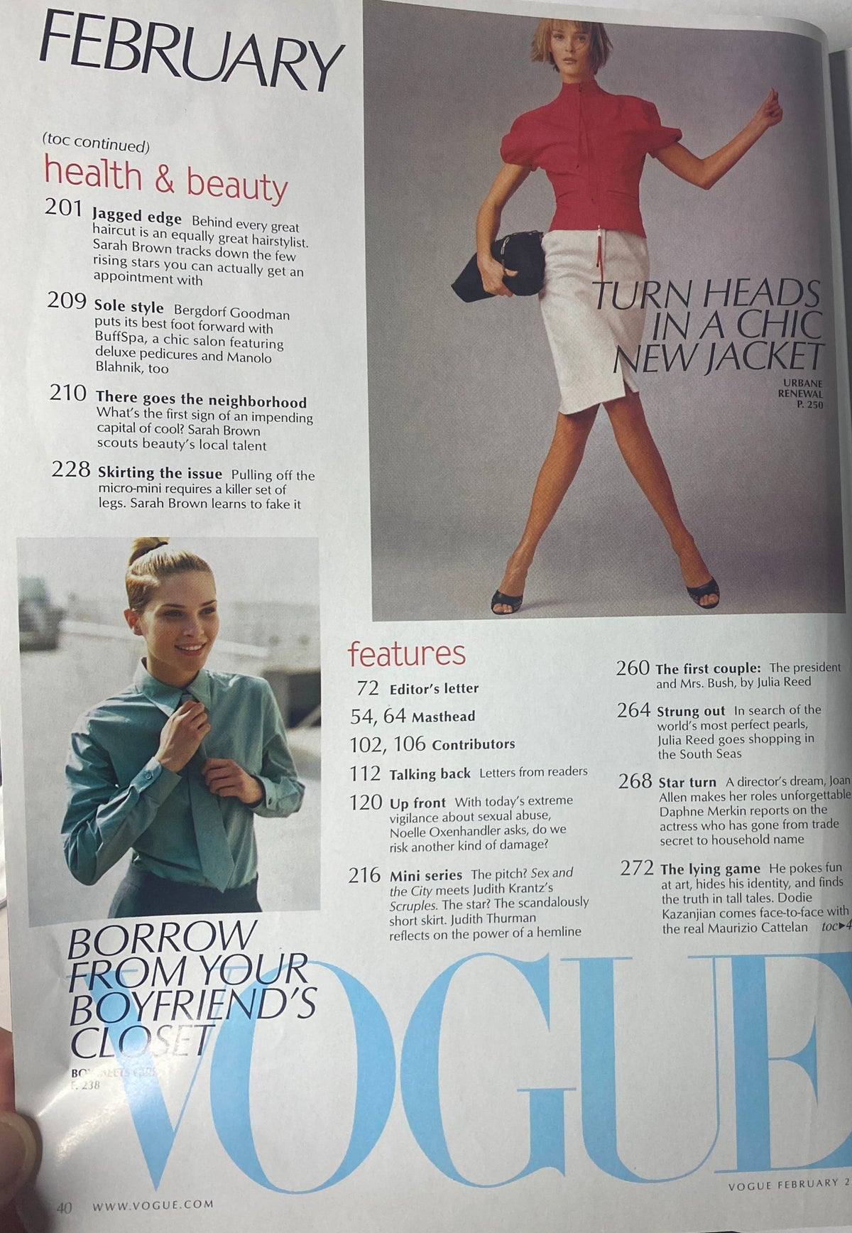 Vogue Magazine February 2001, featuring a health and beauty section showcasing stylish clothing and accessories, with a model in a chic new jacket.