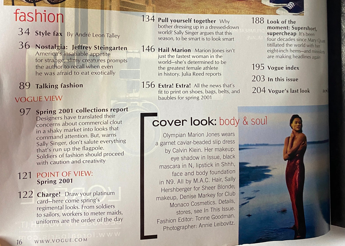 Interior page of Vogue Magazine January 2001 featuring an editorial spread with Marion Jones, detailing her cover look titled 'Body & Soul'.