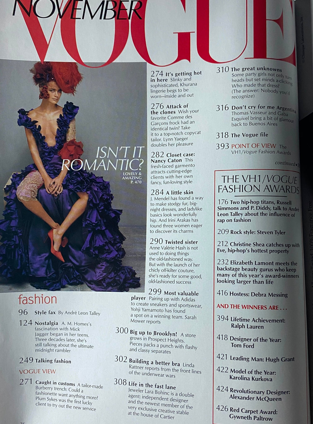Table of contents of Vogue Magazine November 2002, highlighting features on fashion and culture.
