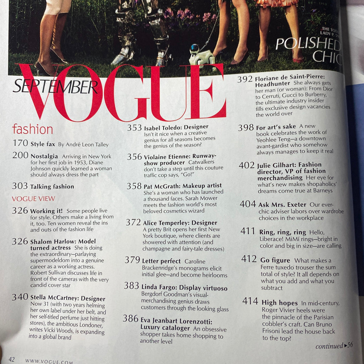 Inside page of Vogue Magazine September 2003 displaying the contents list, including fashion articles and features, highlighting the editorial focus on style and celebrity profiles.