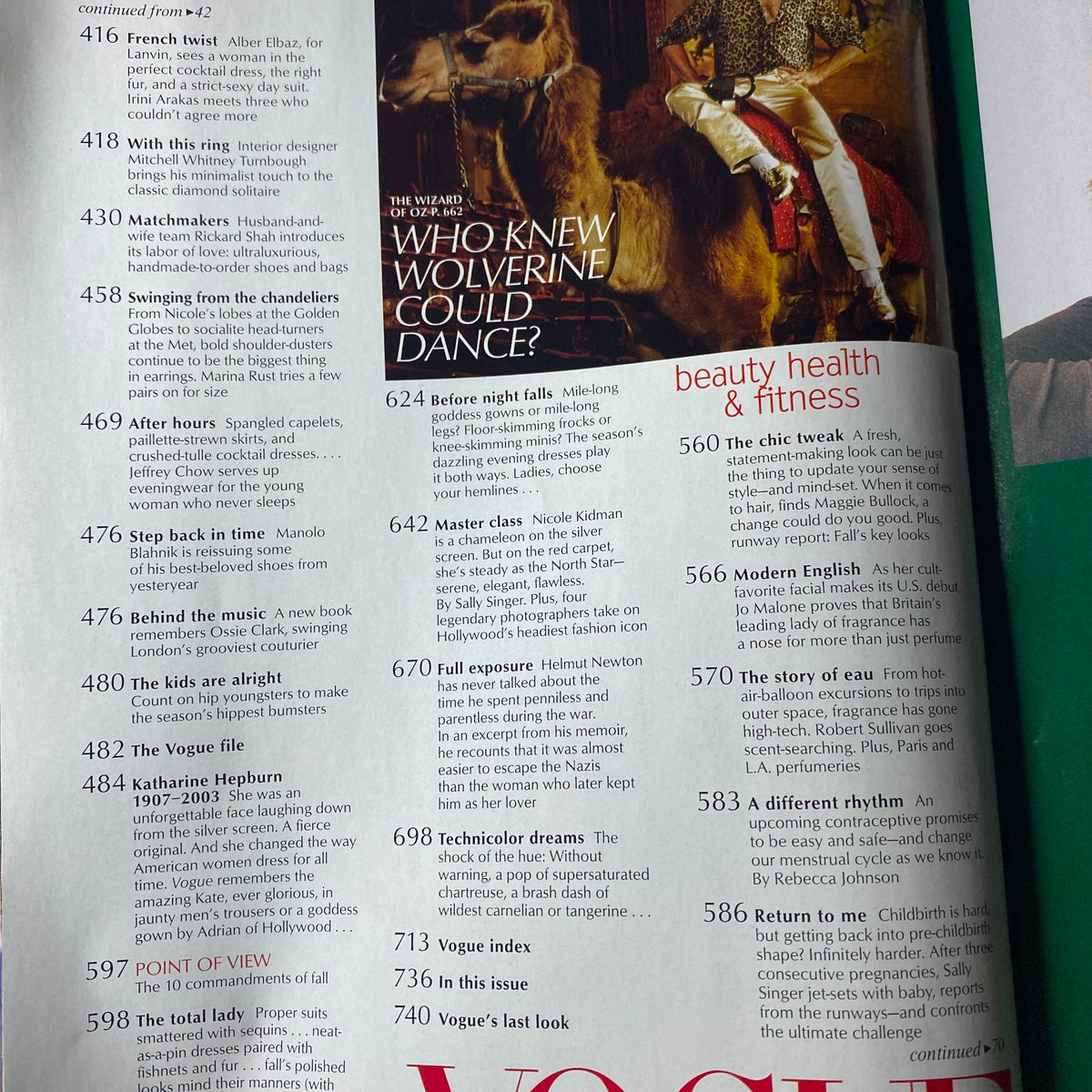 Inside page of Vogue Magazine September 2003 showcasing features and articles on beauty, health, and fashion trends, including a tribute to iconic figures like Katharine Hepburn.