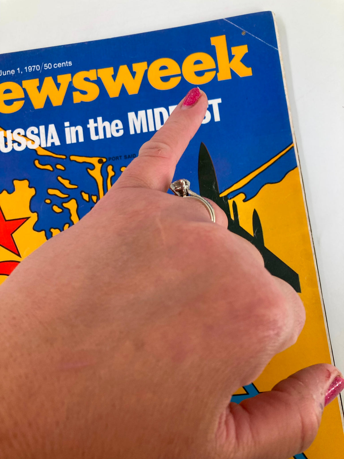 Cover of VTG Newsweek Magazine June 1, 1970, featuring a bold blue background and political themes with the headline 'RUSSIA in the MIDEAST' highlighted. A hand pointing at the title adds a personal touch.