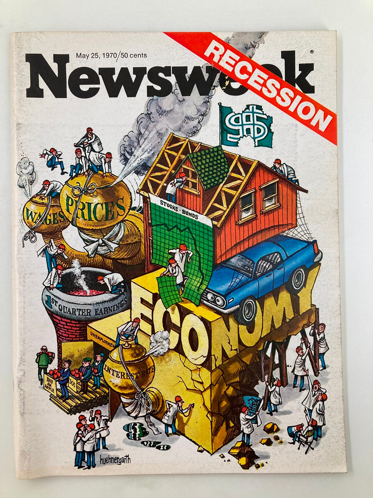 Cover of VTG Newsweek Magazine May 25 1970 featuring recession economy theme with illustrations related to stocks, bonds, and economic indicators.