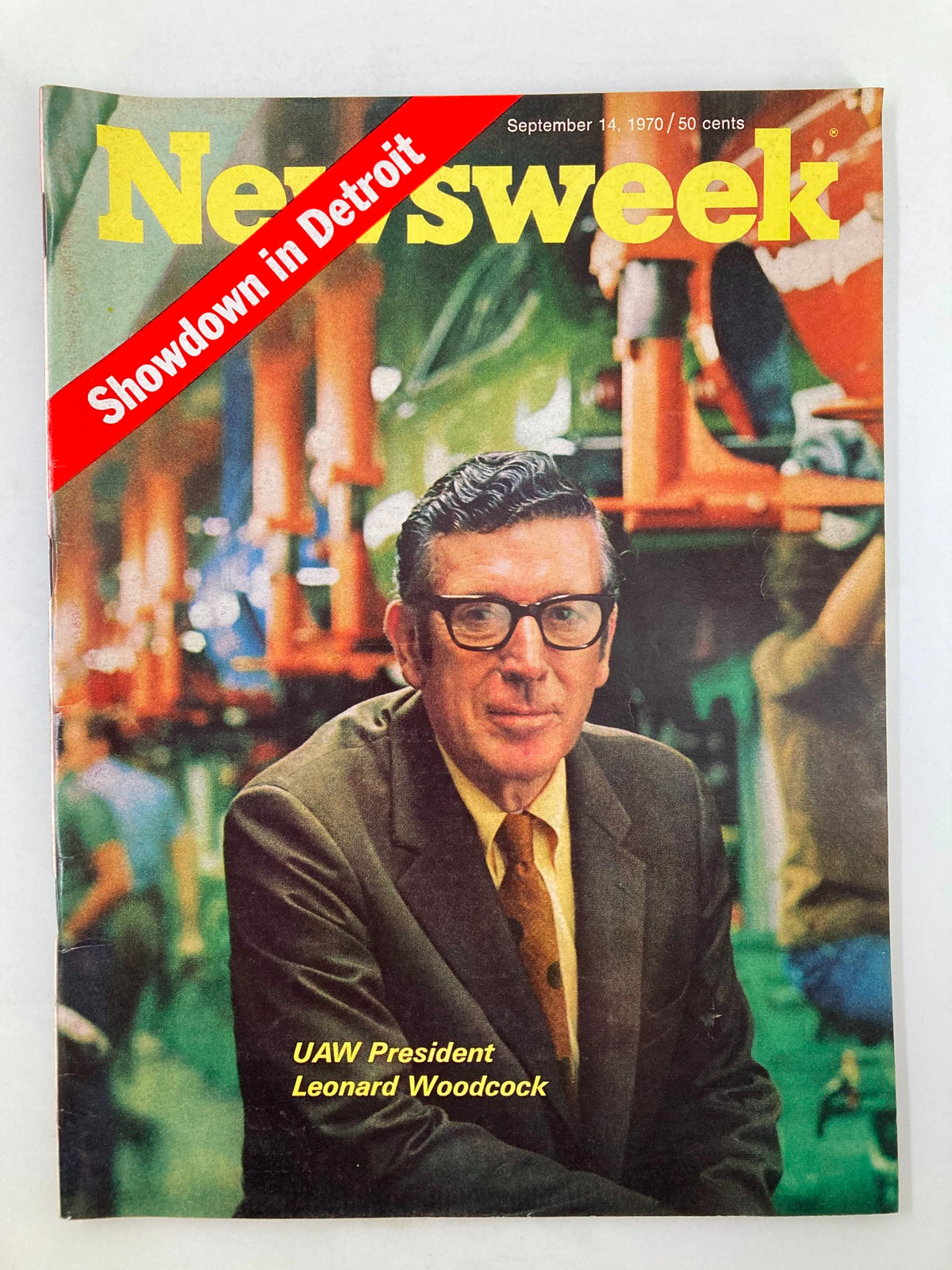 VTG Newsweek Magazine September 14 1970 featuring UAW President Leonard Woodcock on the cover, highlighting historical labor issues.