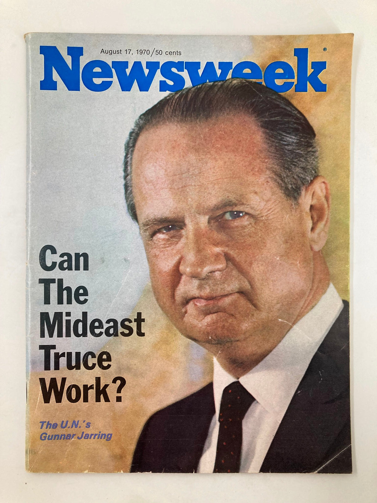 Cover of VTG Newsweek Magazine from August 17, 1970, featuring an image and headline about the U.N.'s Gunnar Jarring and the question 'Can The Mideast Truce Work?'.