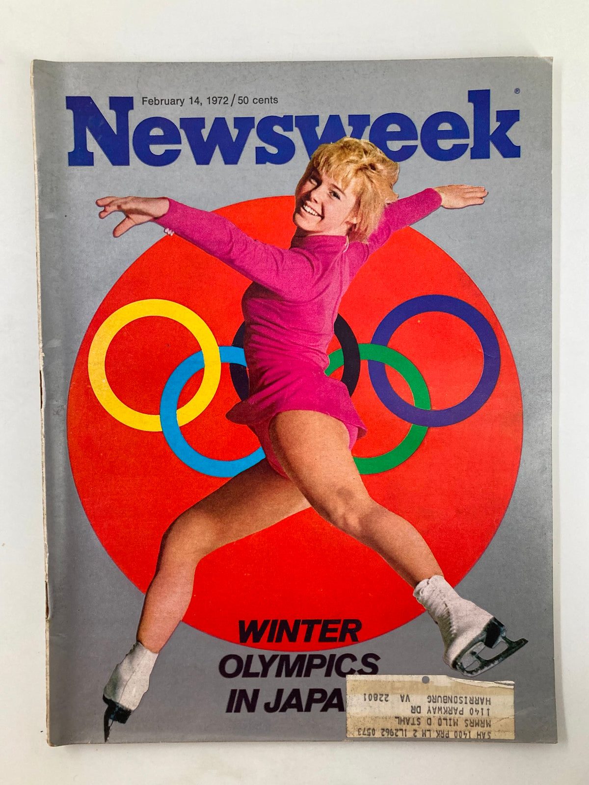 Vintage Newsweek magazine cover from February 14, 1972, featuring Winter Olympics in Japan, showcasing a female figure skater on a colorful background with Olympic rings.