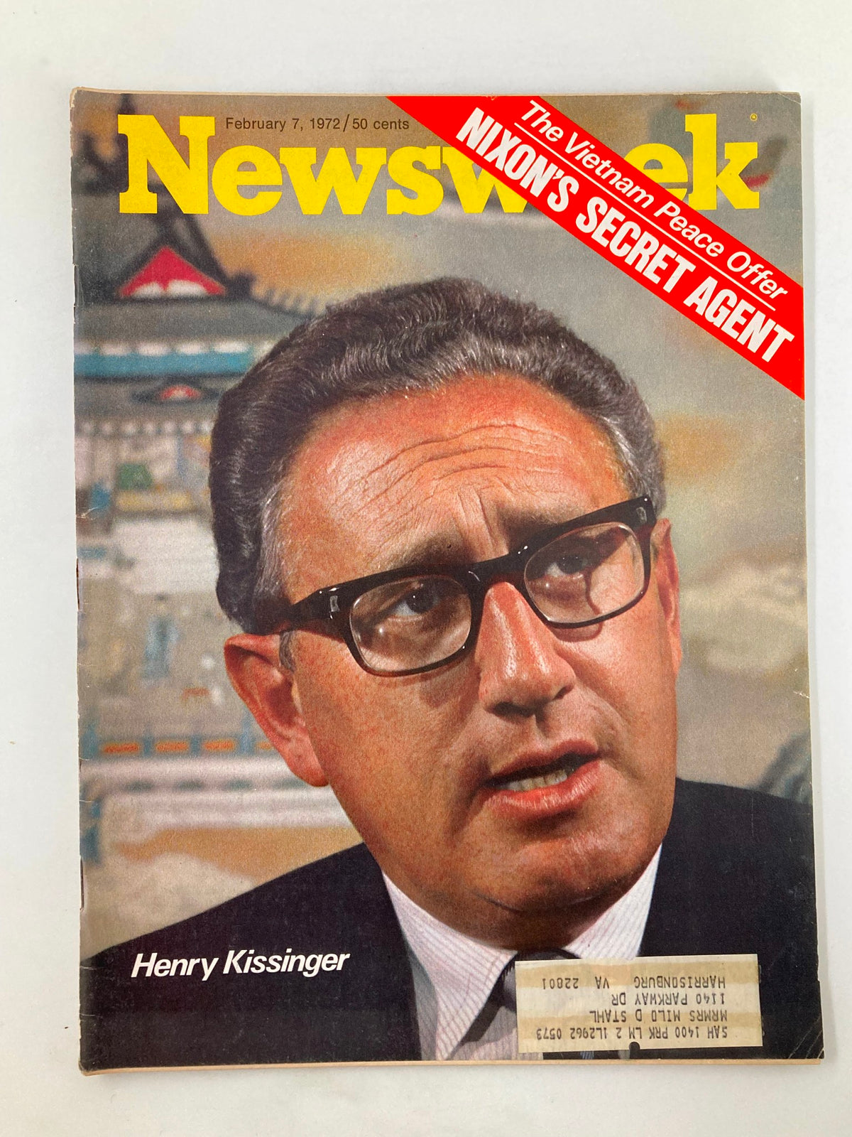 VTG Newsweek Magazine from February 7, 1972 featuring Henry Kissinger on the cover, titled 'Nixon's Secret Agent', showcasing a portrait of Kissinger with the magazine's branding.