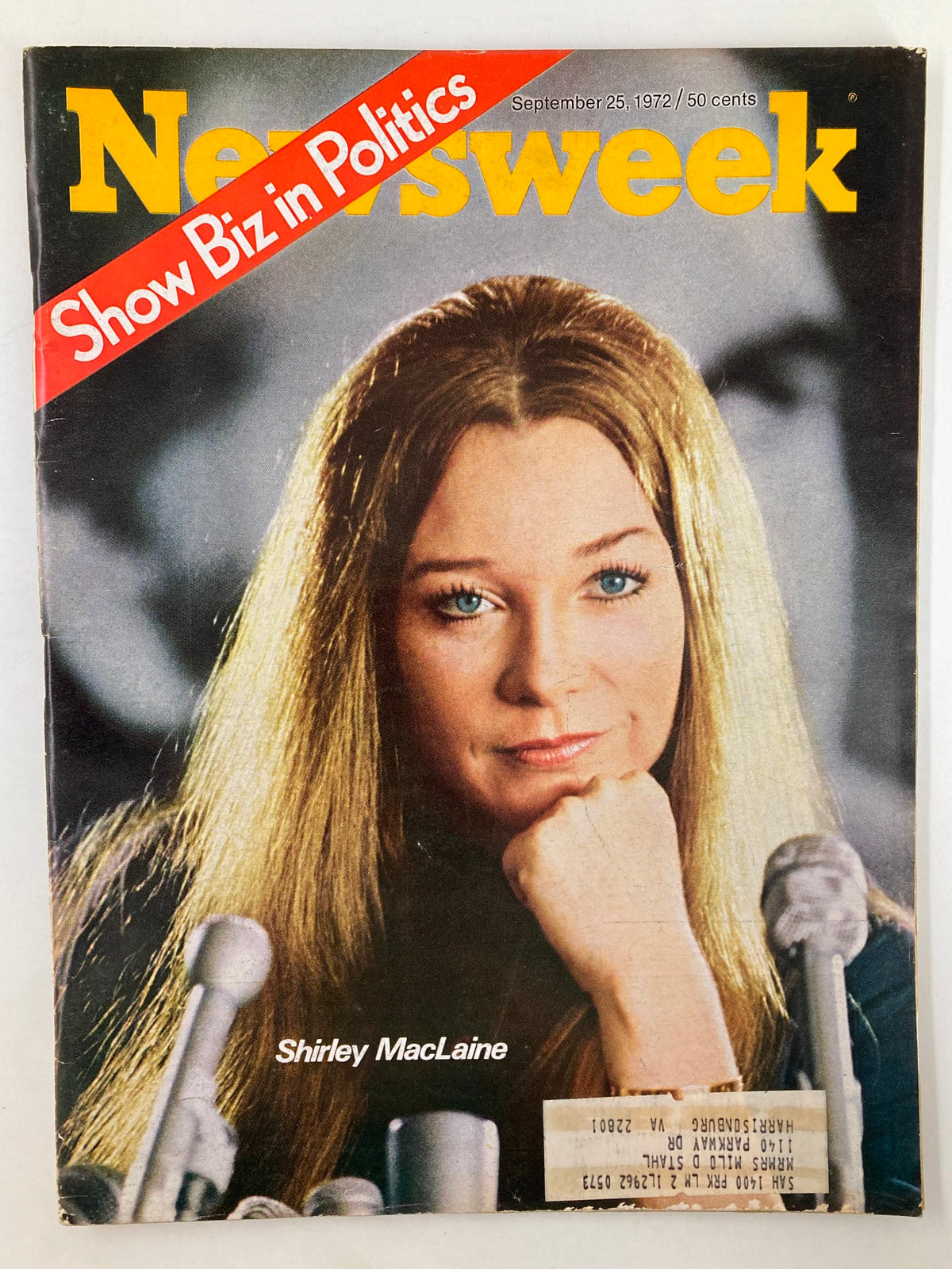 VTG Newsweek Magazine from September 25, 1972 featuring Shirley MacLaine on the cover, highlighting 'Show Biz in Politics' and reflecting the cultural landscape of the 1970s.
