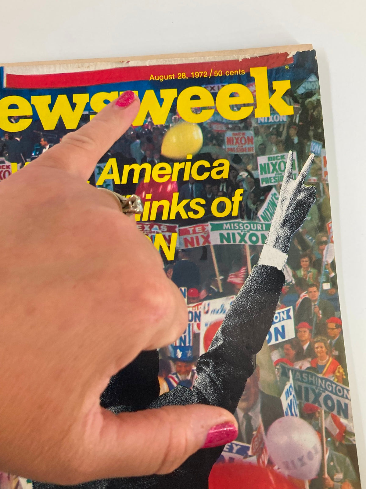 Close-up of the VTG Newsweek Magazine cover from August 28, 1972, showcasing the title 'What America Really Thinks of Nixon' with a hand pointing at the headline.