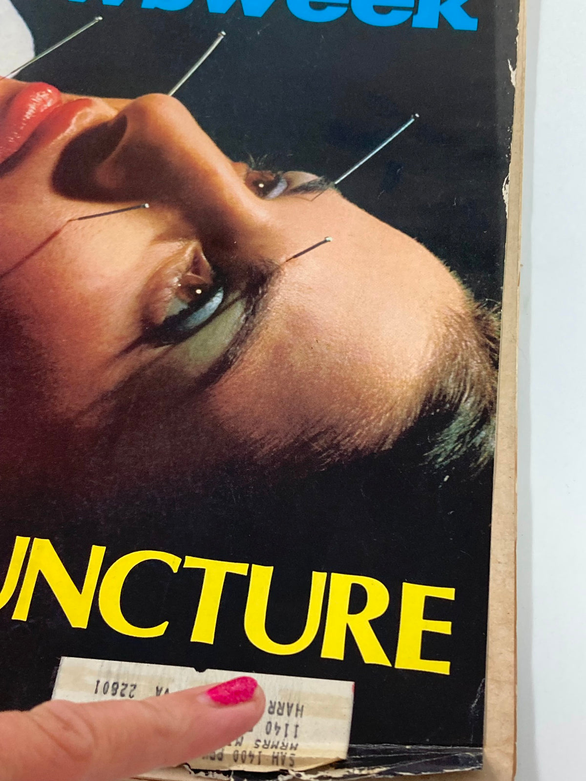 Detailed close-up of the VTG Newsweek Magazine August 14 1972 cover, focusing on the title 'All About Acupuncture' and a price label, emphasizing its vintage character.