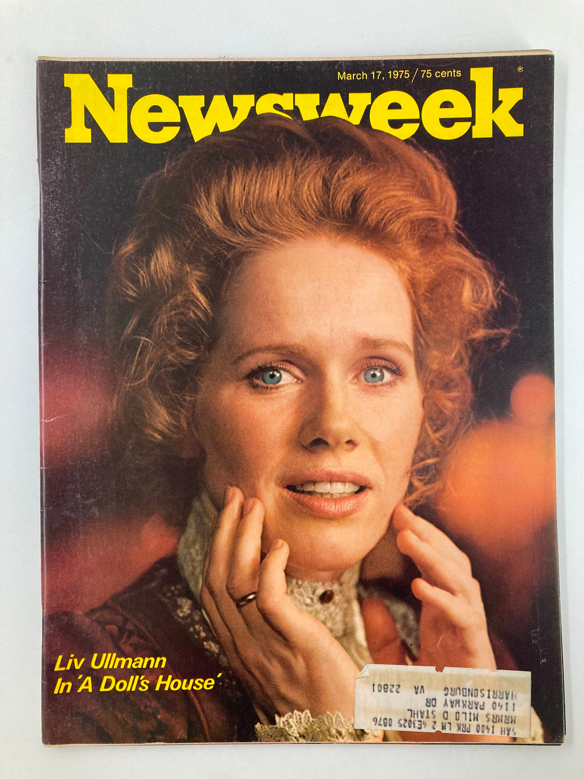 Vintage Newsweek magazine cover from May 17, 1975, featuring actress Liv Ullmann in 'A Doll's House', highlighting her expression and the cover title in bold yellow letters.