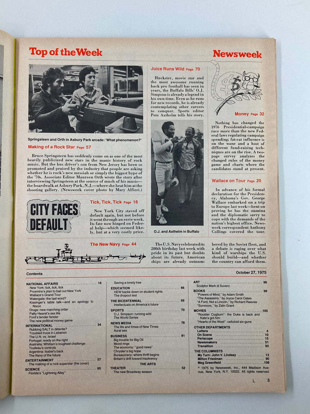 Inside page of VTG Newsweek Magazine from October 27, 1975 featuring Bruce Springsteen, detailing the article 'Making of a Rock Star', alongside other content highlights.