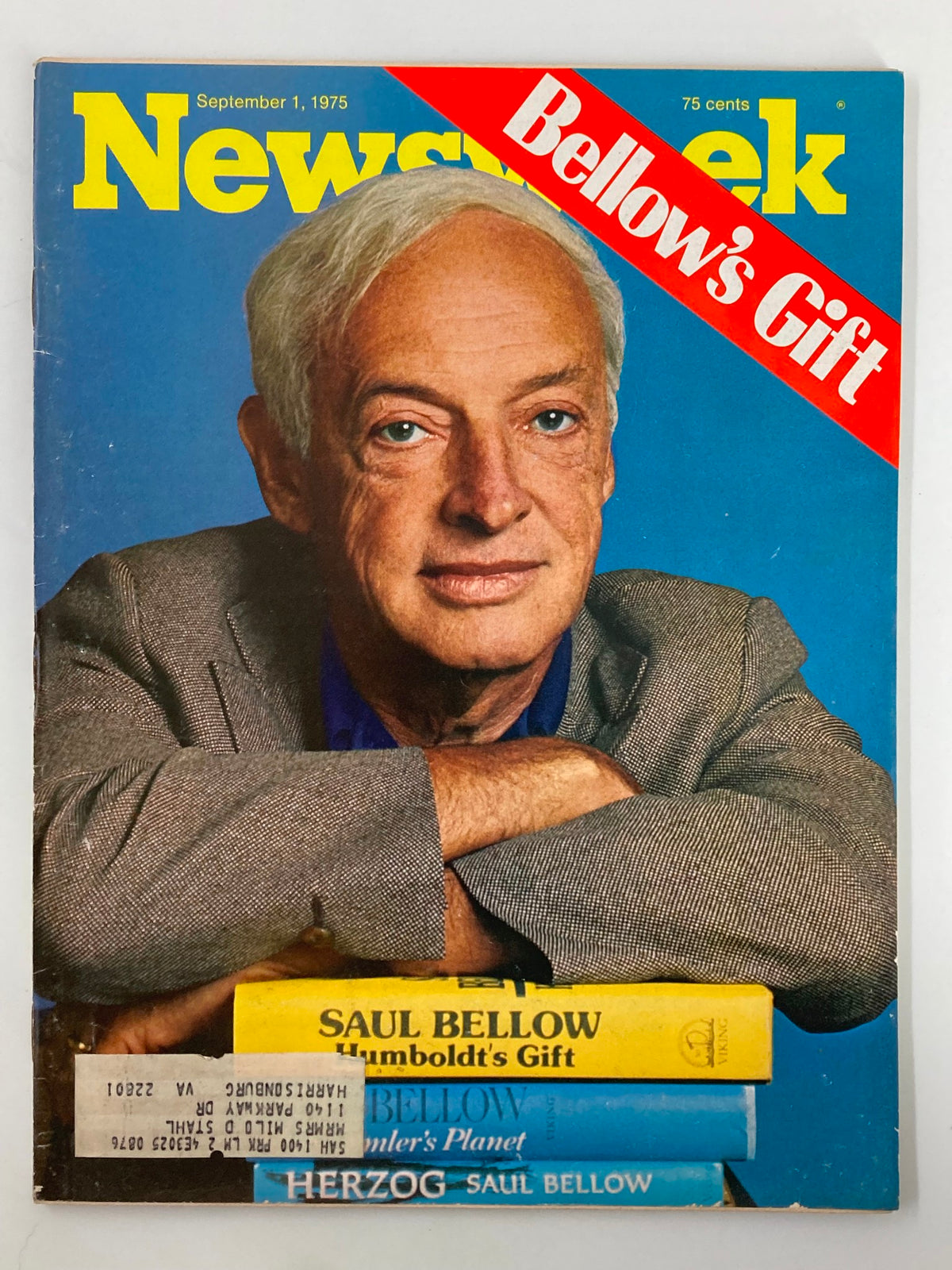 Newsweek magazine cover from September 1, 1975, featuring an insightful highlight titled 'Bellow's Gift' discussing the works of writer Saul Bellow, showcasing his literary contributions alongside his books 'Humboldt's Gift' and 'Herzog'.