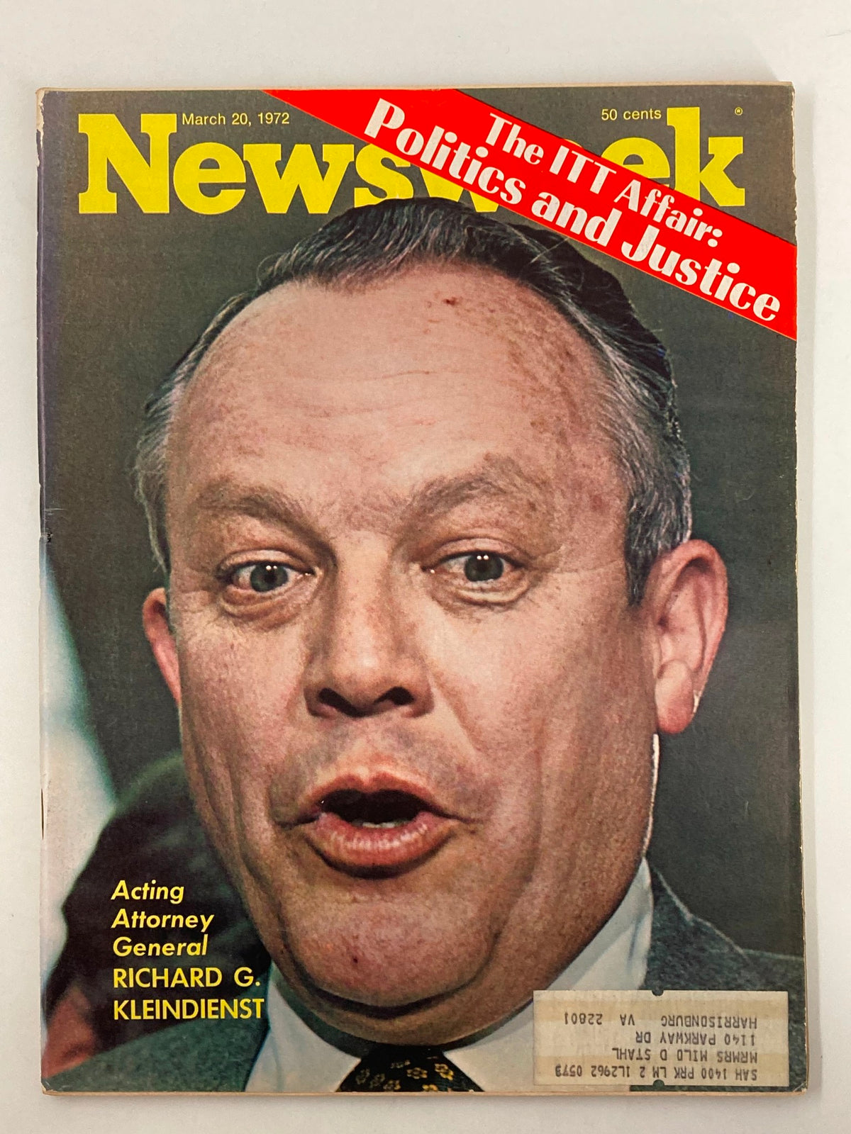VTG Newsweek Magazine from March 20, 1972 featuring Acting Attorney General Richard G. Kleindienst on the cover, showcasing political themes of the era.