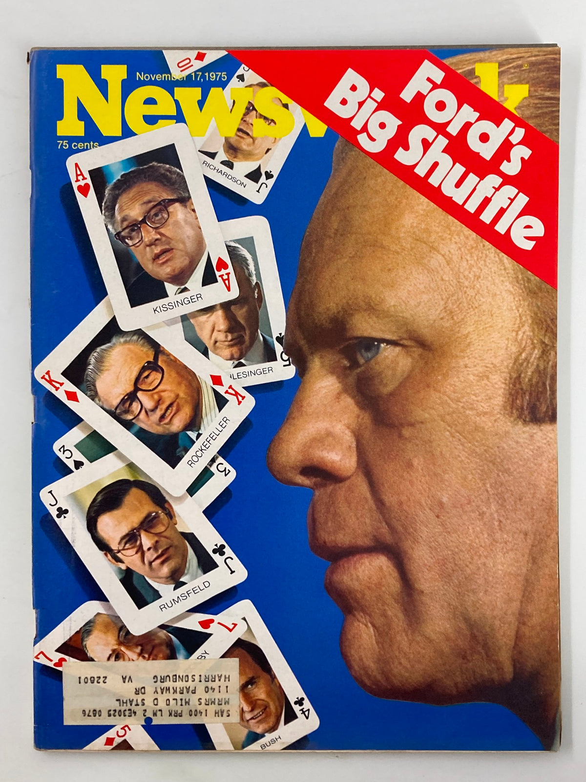 VTG Newsweek Magazine Cover from November 17, 1975, featuring the headline 'Ford's Big Shuffle' with images of political figures like Kissinger and Rumsfeld, showcasing a nostalgic moment in American history.