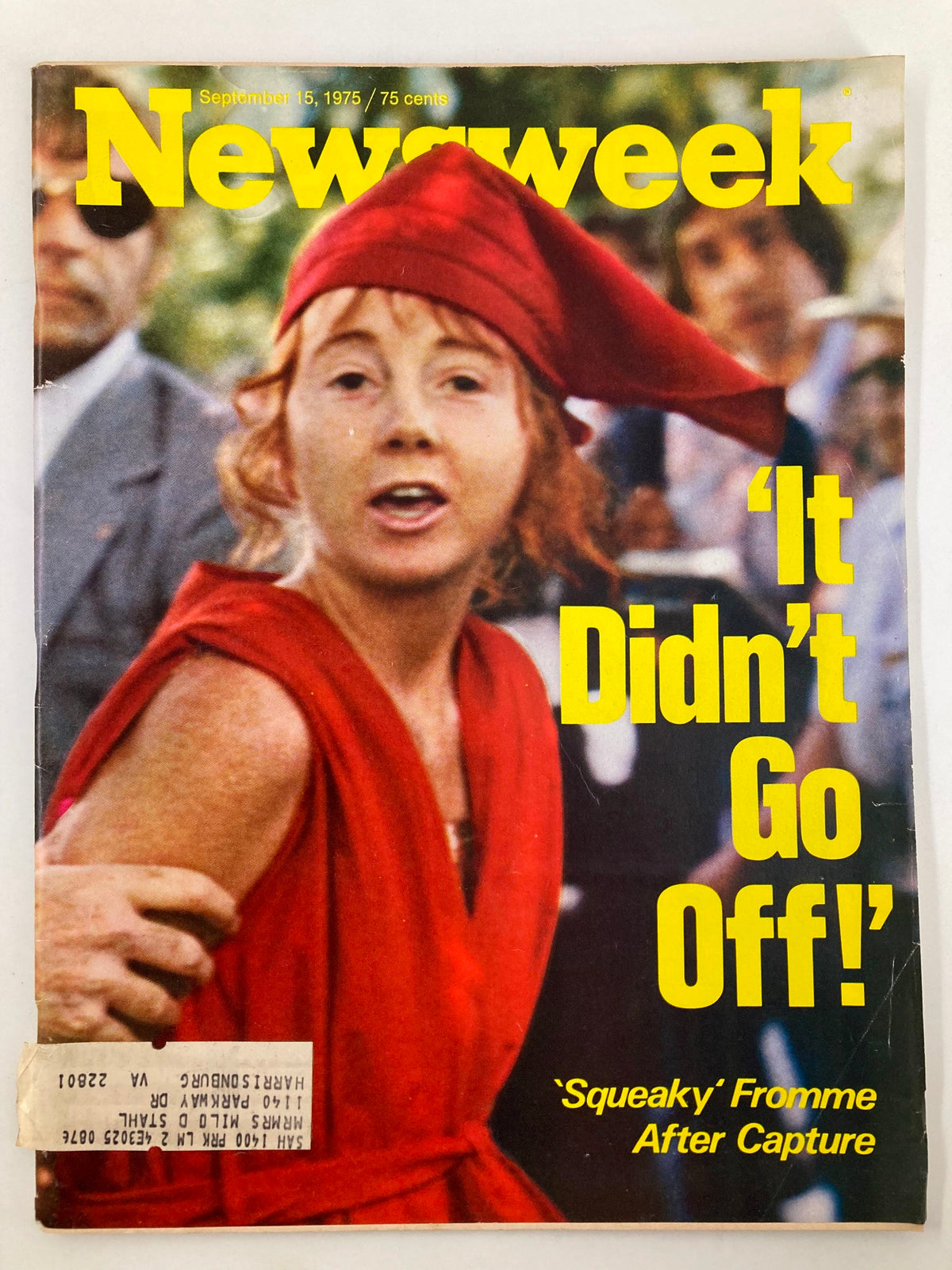 VTG Newsweek Magazine September 15 1975 featuring 'Squeaky' Fromme after her capture, showcasing the striking cover with bold yellow text and a vivid image of Fromme in a red outfit.