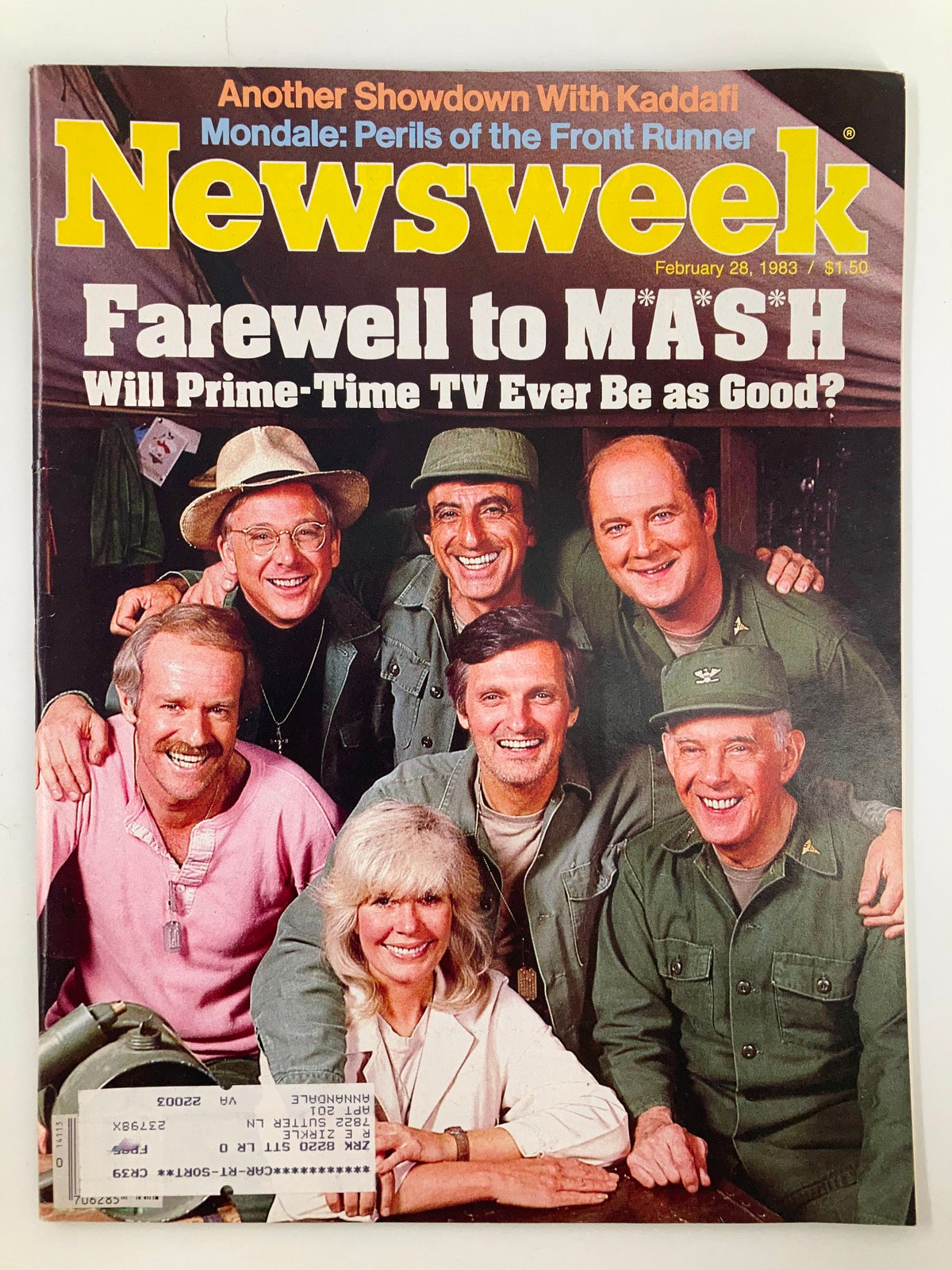 Cover of Newsweek Magazine from February 28, 1983, featuring a farewell to the TV series MASH and a headline about Muammar Kaddafi. The cover showcases a group of cast members from MASH, capturing a pivotal moment in television history.