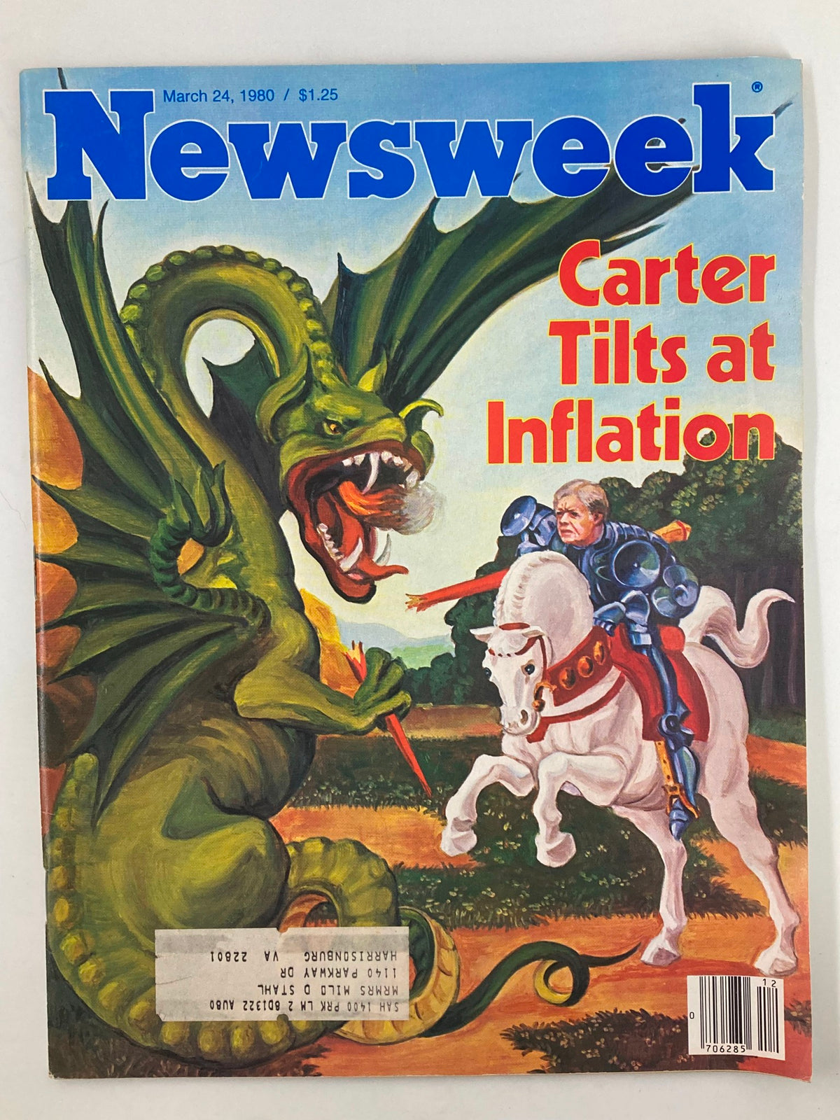 Vintage Newsweek Magazine cover from March 24, 1980, featuring the headline 'Carter Tilts at Inflation,' depicting a dramatic illustration of a knight on horseback facing a dragon, symbolizing economic challenges during Jimmy Carter's presidency.