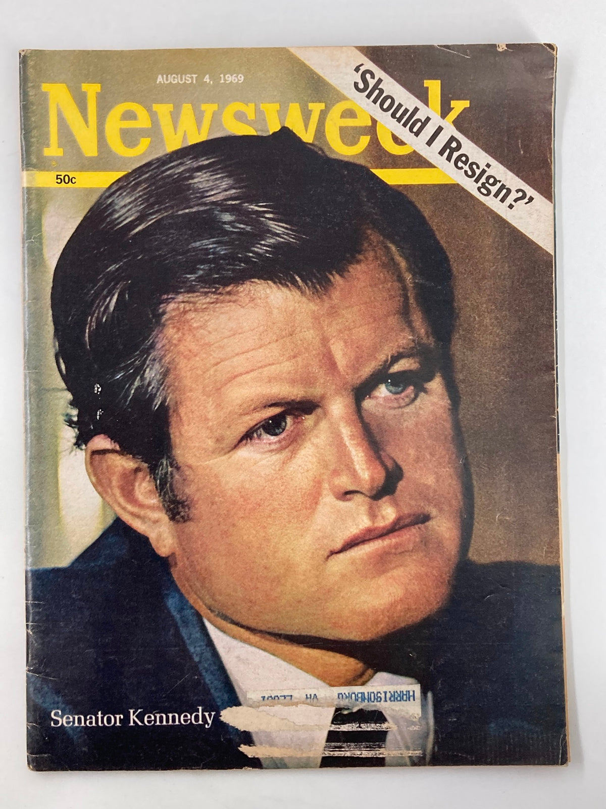 Vintage Newsweek Magazine cover from August 4, 1969 featuring Senator Ted Kennedy with the headline 'Should I Resign?' capturing a significant moment in American political history.