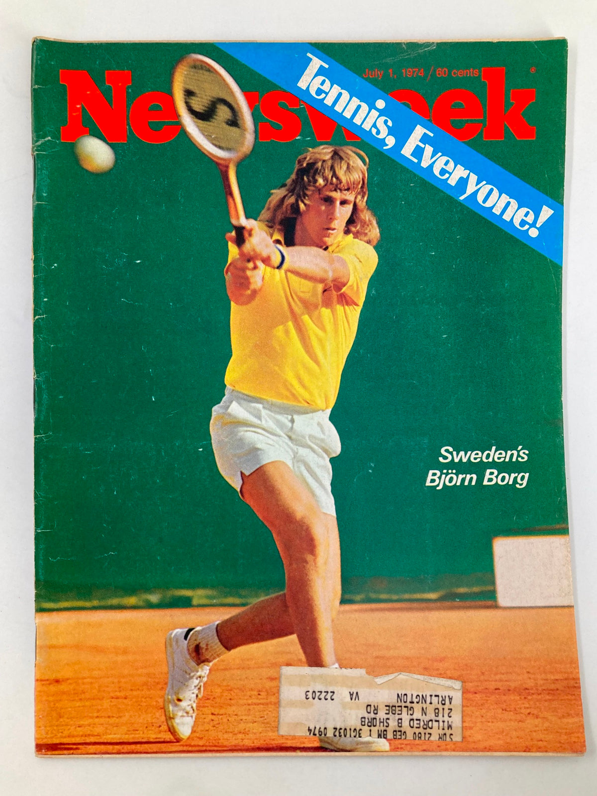VTG Newsweek Magazine July 1 1974 featuring Sweden's Bjorn Borg on the cover, showcasing his iconic tennis action shot with a vibrant green background and the headline 'Tennis, Everyone!'