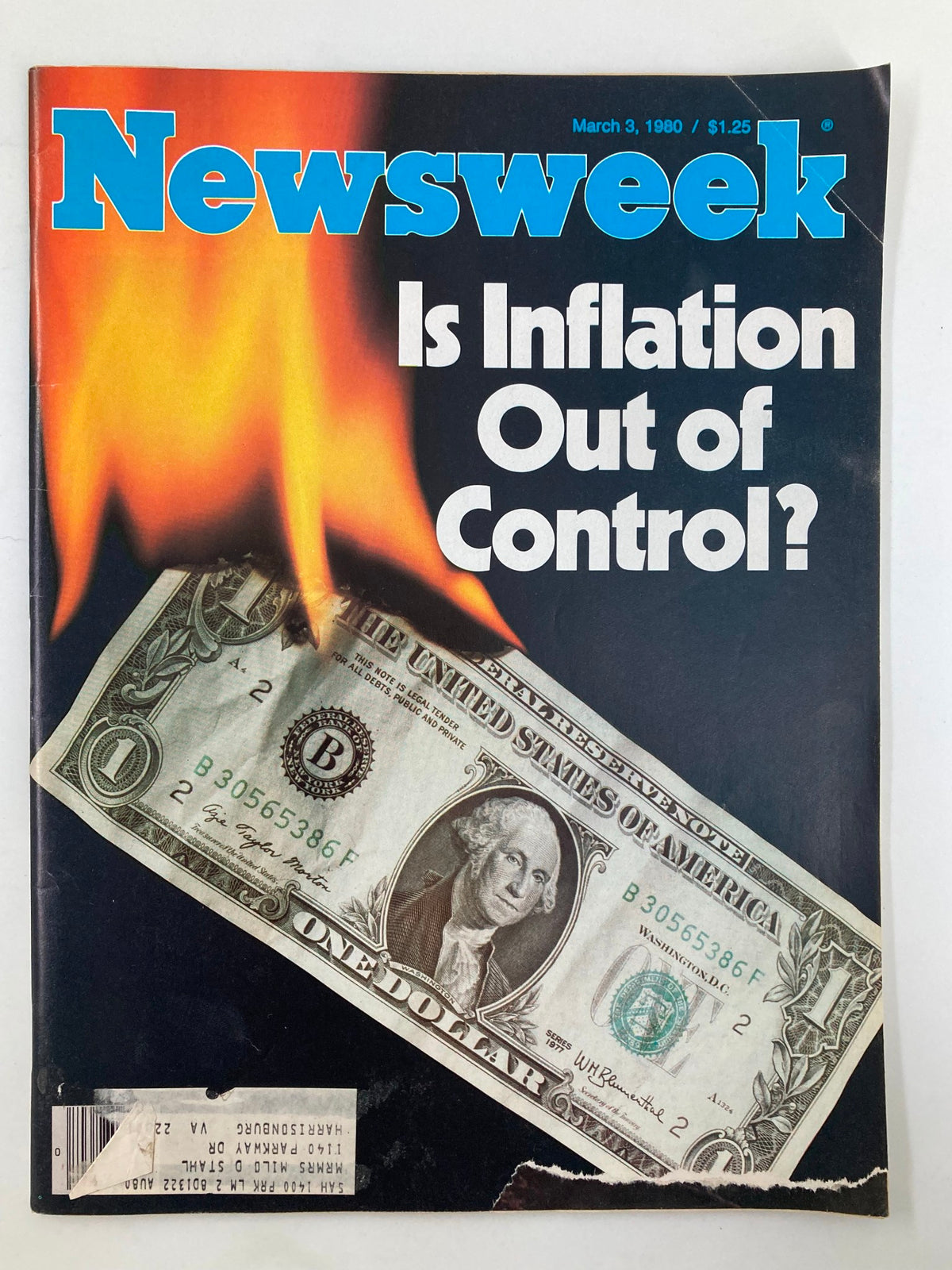 VTG Newsweek Magazine March 3 1980 cover featuring the headline 'Is Inflation Out of Control?' with a burning dollar bill and vibrant colors.