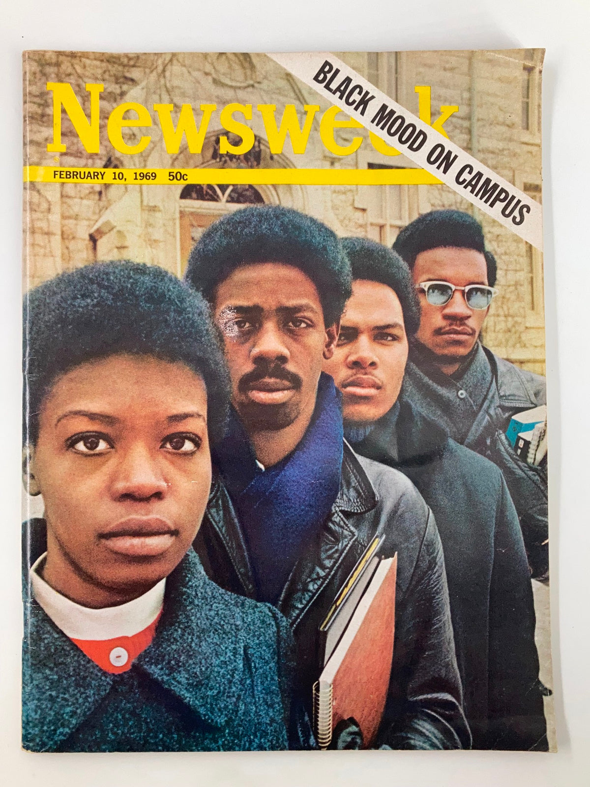 Cover of VTG Newsweek Magazine February 10 1969 featuring the cover story 'Black Mood On Campus', depicting four individuals with historically relevant hairstyles in front of a college building.