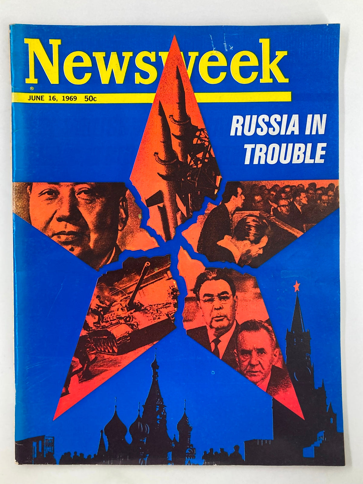 VTG Newsweek Magazine June 16 1969 cover featuring the headline 'Russia in Trouble', showcasing striking graphics with a blue background and bold red accents depicting key historical imagery related to Russia during the Cold War.