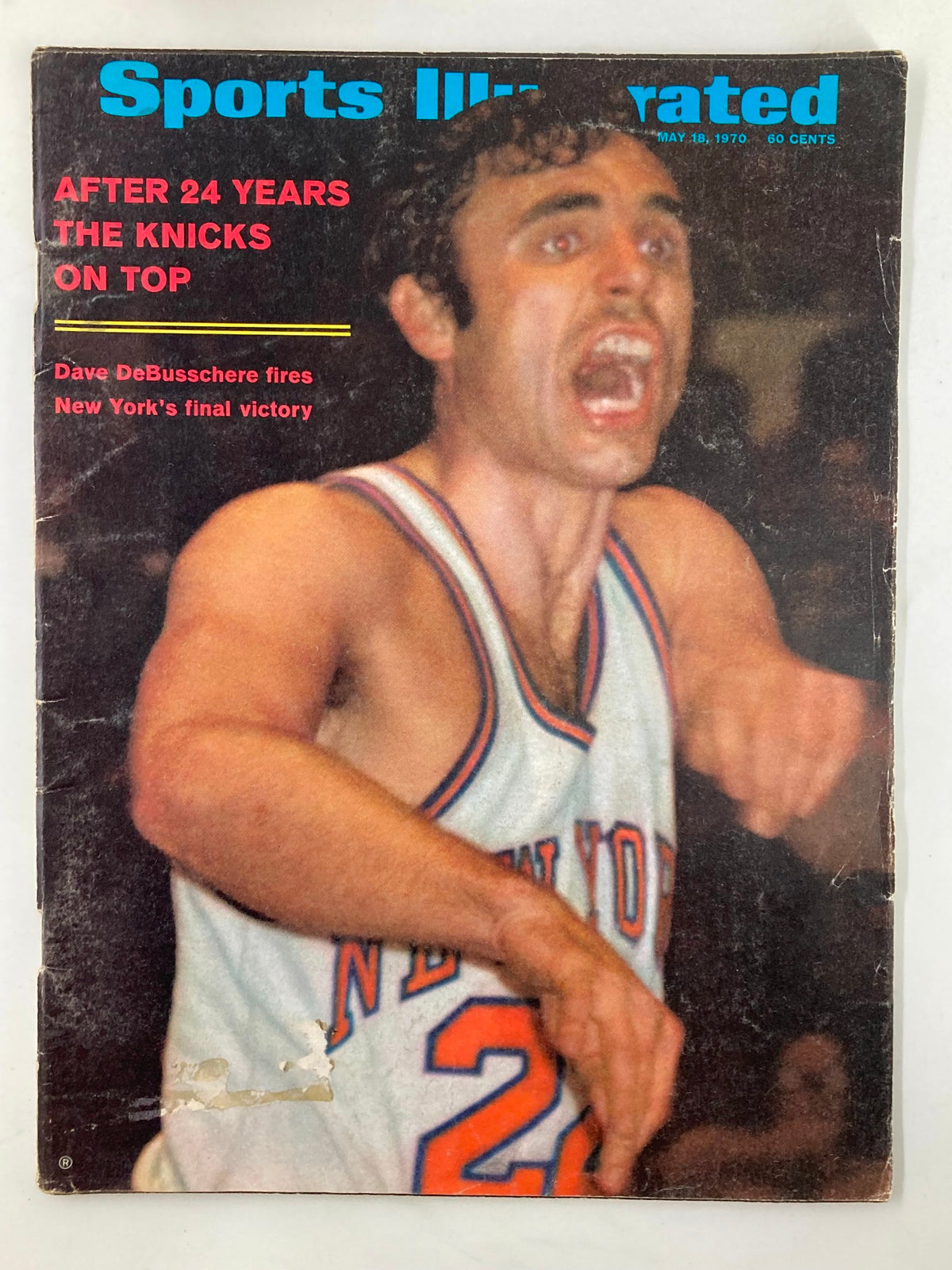 Vintage Sports Illustrated Magazine from May 18, 1970 featuring Dave DeBusschere of the New York Knicks, celebrating victory with an expressive pose on the cover, highlighting the theme 'After 24 Years the Knicks on Top'.