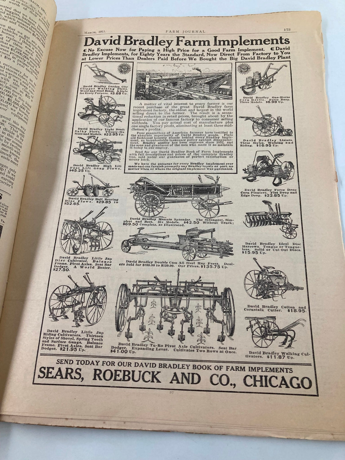 Vintage advertisement for David Bradley Farm Implements found in VTG The Farm Journal Magazine March 1911 showcasing farming equipment.