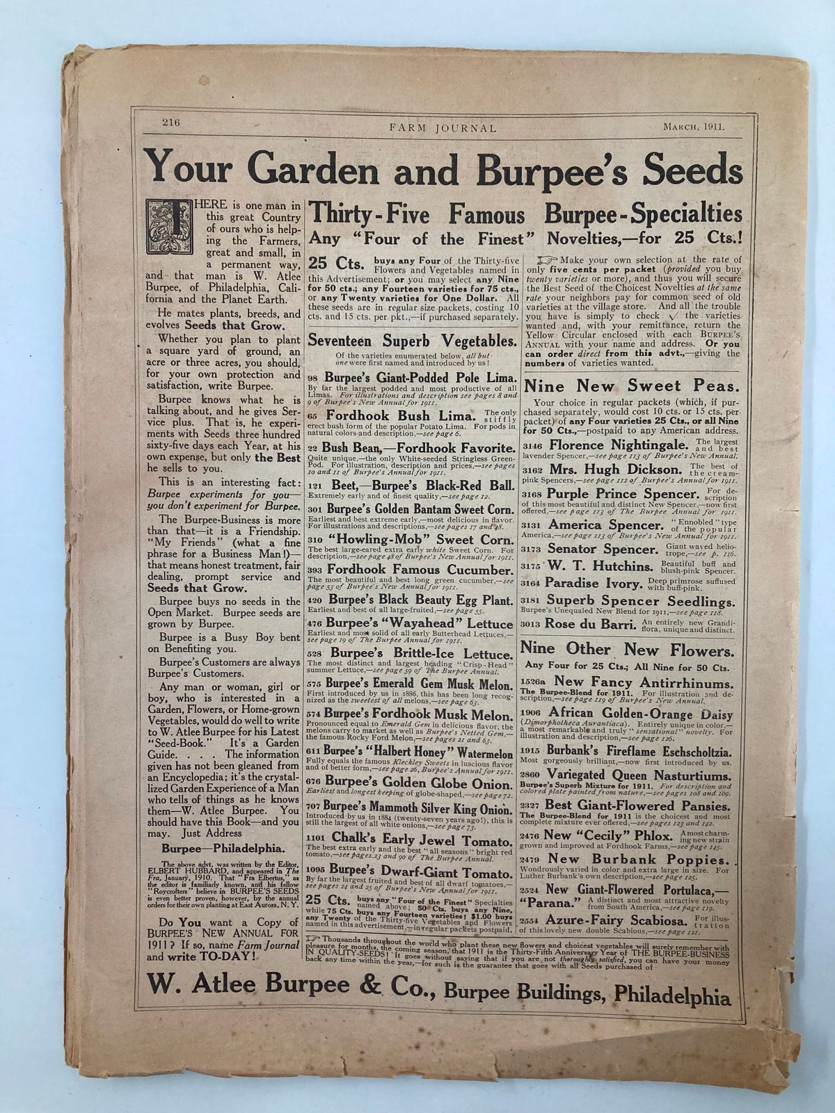 Cover page of the VTG The Farm Journal Magazine March 1911, highlighting the title and advertisements related to gardening and Burpee's Seeds, capturing the essence of early 20th century agriculture.