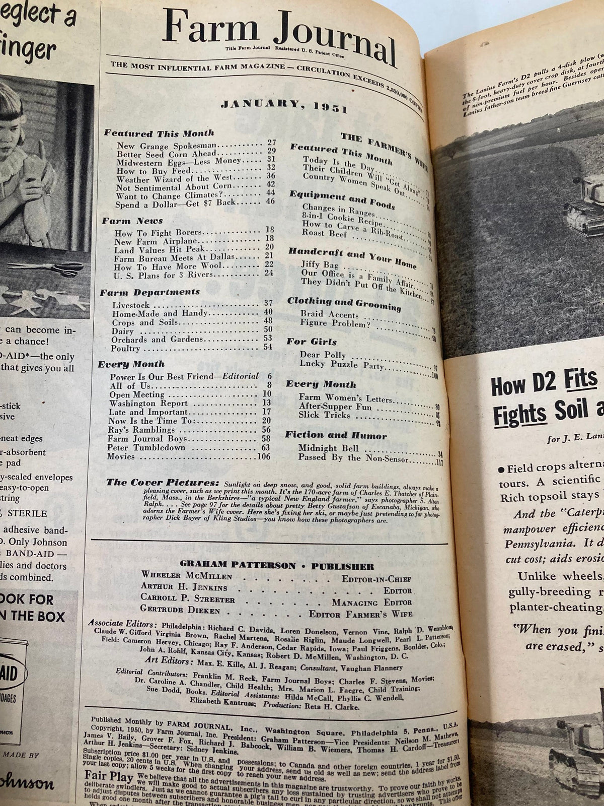 Inside page of the January 1951 Farm Journal magazine displaying the table of contents and various featured articles.
