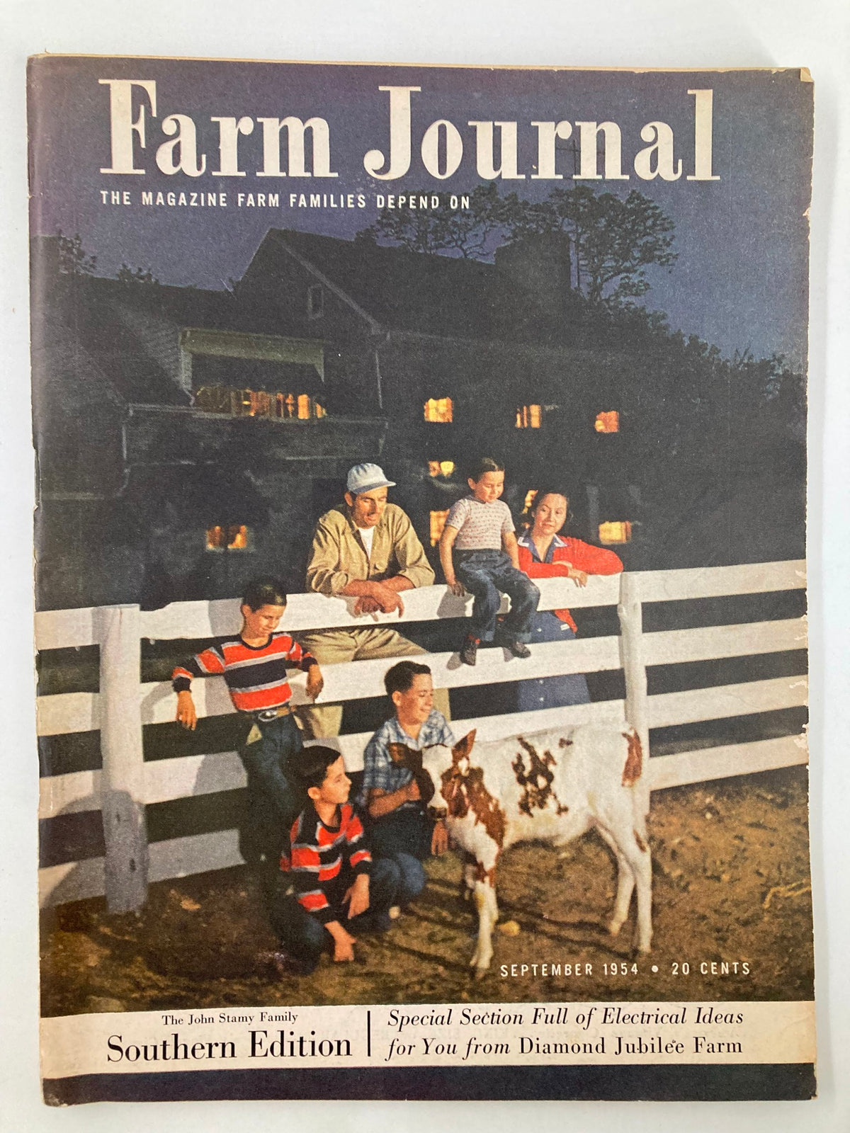VTG Farm Journal Magazine September 1954 The John Stamy Family Southern Edition cover featuring a family scene on a farm at dusk with a calf.