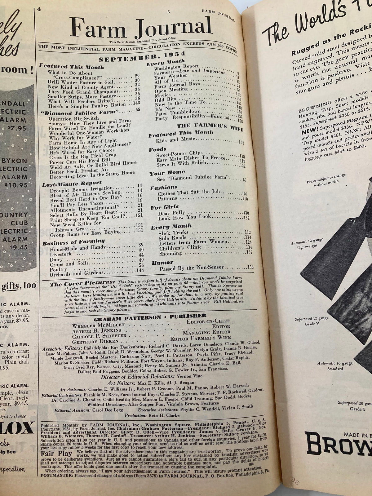 Interior page of VTG Farm Journal Magazine September 1954 showing the table of contents and featured articles related to farming and family life.