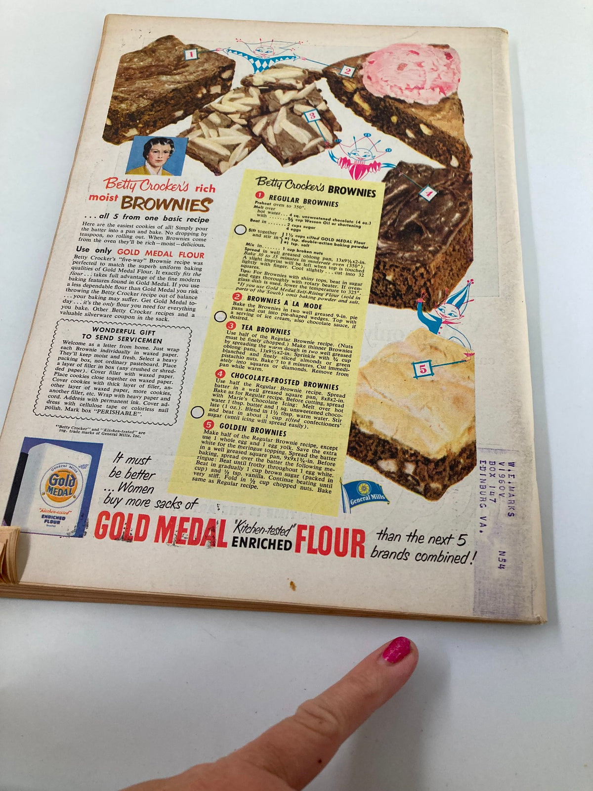 Back cover of the October 1951 Farm Journal Magazine showcasing Betty Crocker's brownie recipes. The ad emphasizes the use of Gold Medal flour and features illustrated brownie options.