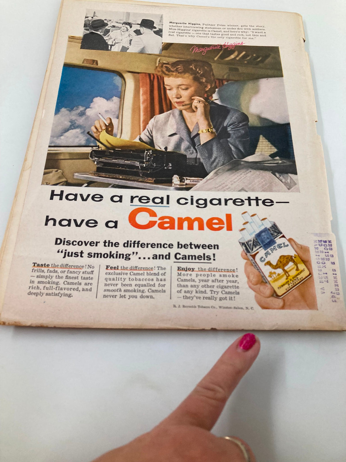 Vintage advertisement from VTG Farm Journal Magazine June 1957 featuring a woman using a typewriter, promoting Camel cigarettes and highlighting the benefits of their smoking experience.