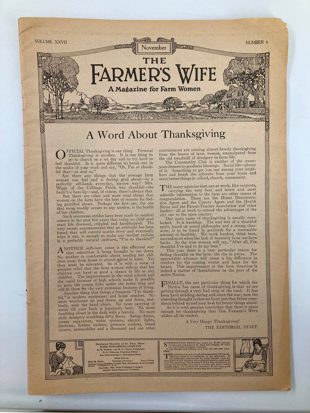 Cover page of VTG The Farmer's Wife Magazine from November 1924, featuring an article about Thanksgiving and illustrations depicting rural life and farm activities.