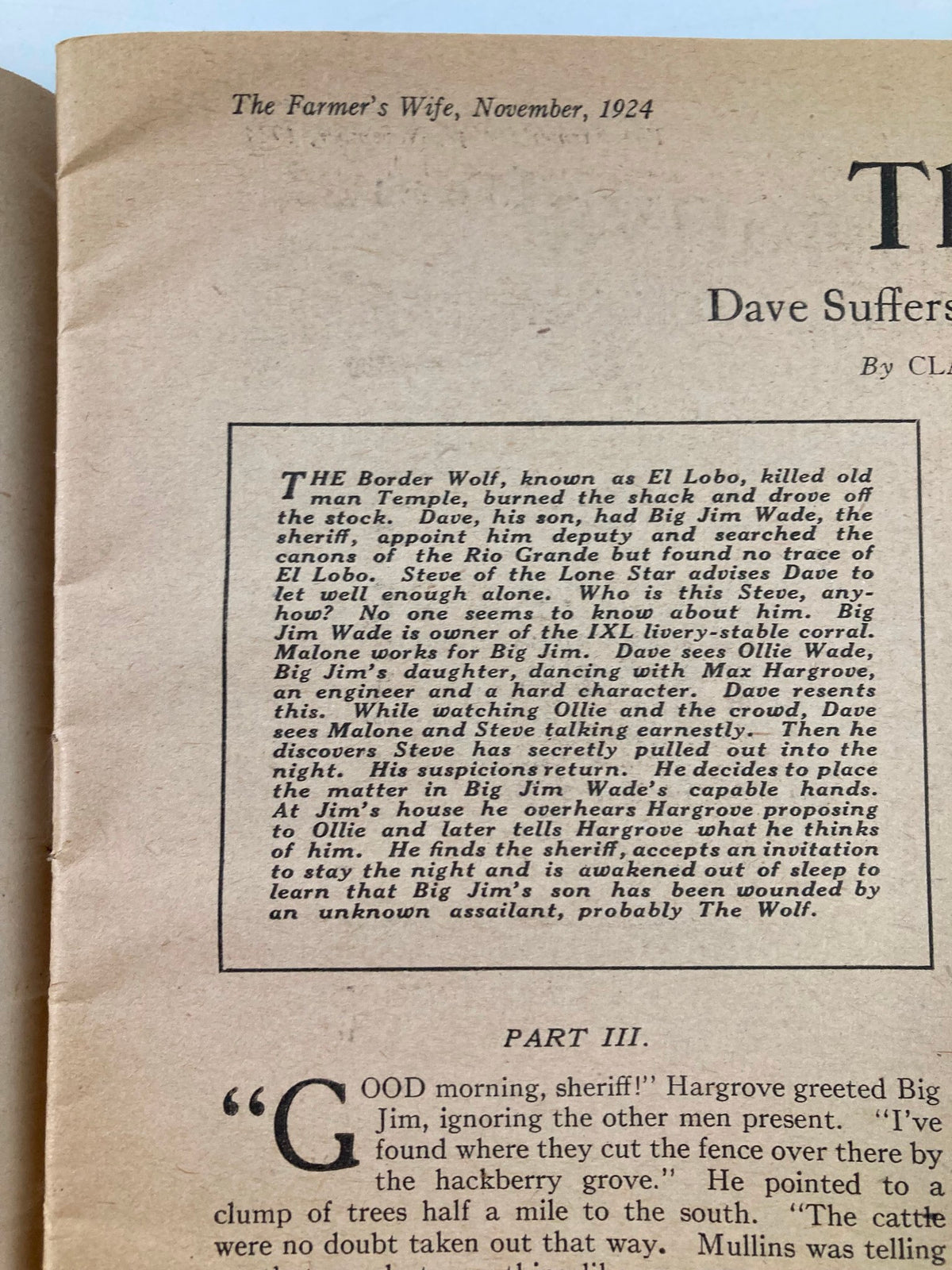 Interior page of VTG The Farmer's Wife Magazine from November 1924, detailing a narrative entitled 'The Border Wolf' with prose about rural adventures and challenges faced by farmers.