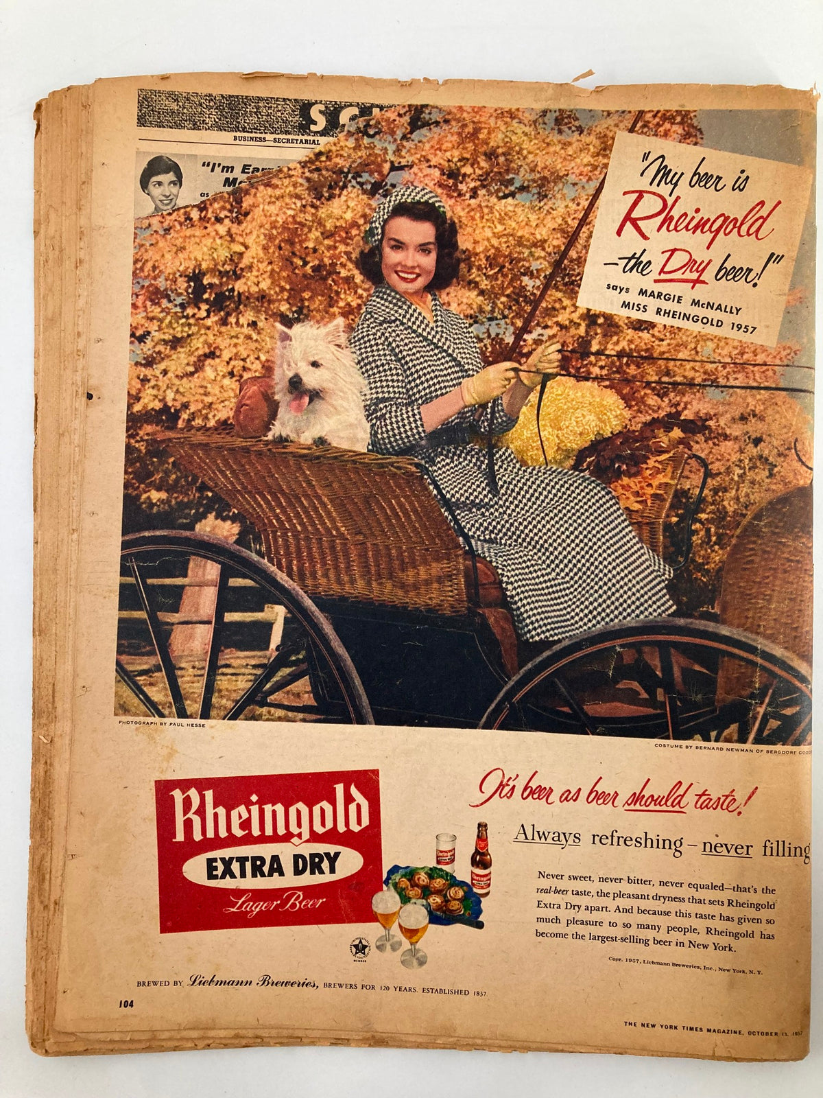 VTG The New York Times Magazine October 13 1957 with an advertisement for Rheingold Extra Dry Lager Beer, featuring a woman seated in a cart with her dog, promoting a classic beer brand.