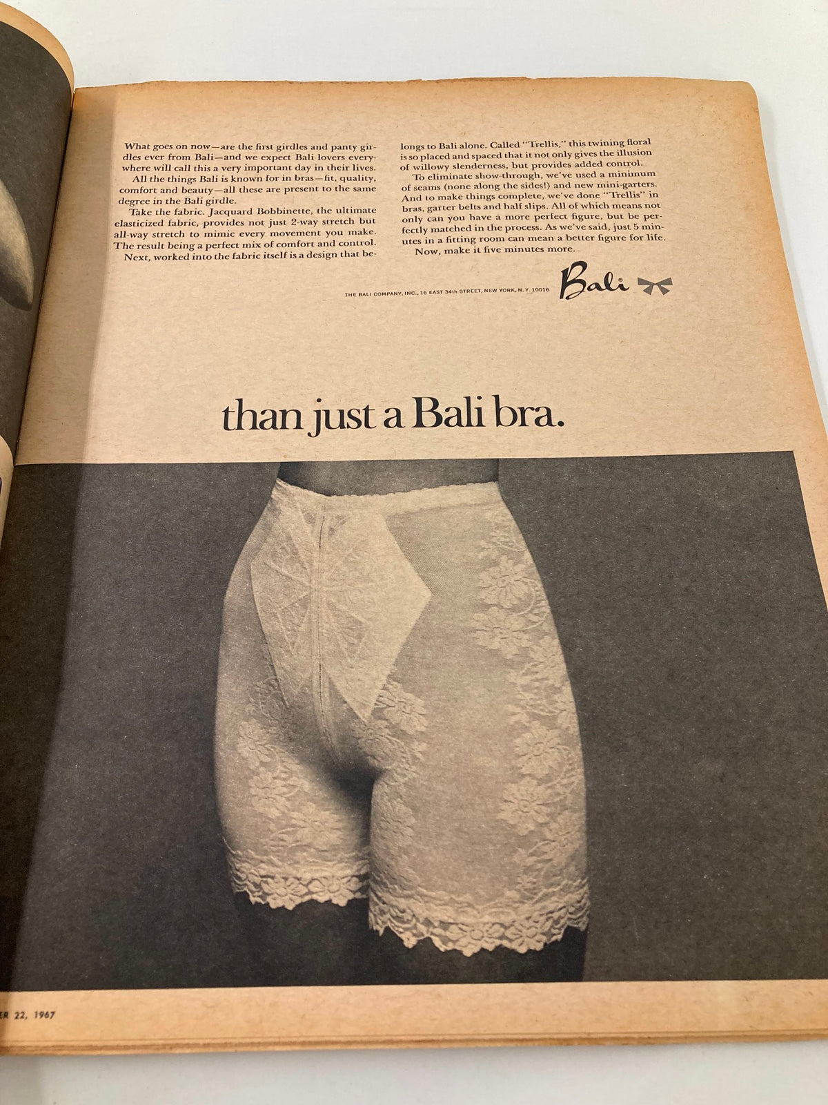 Vintage advertisement featuring Bali lingerie from The New York Times Magazine, October 22, 1967, displaying detailed descriptions of comfortable garments.