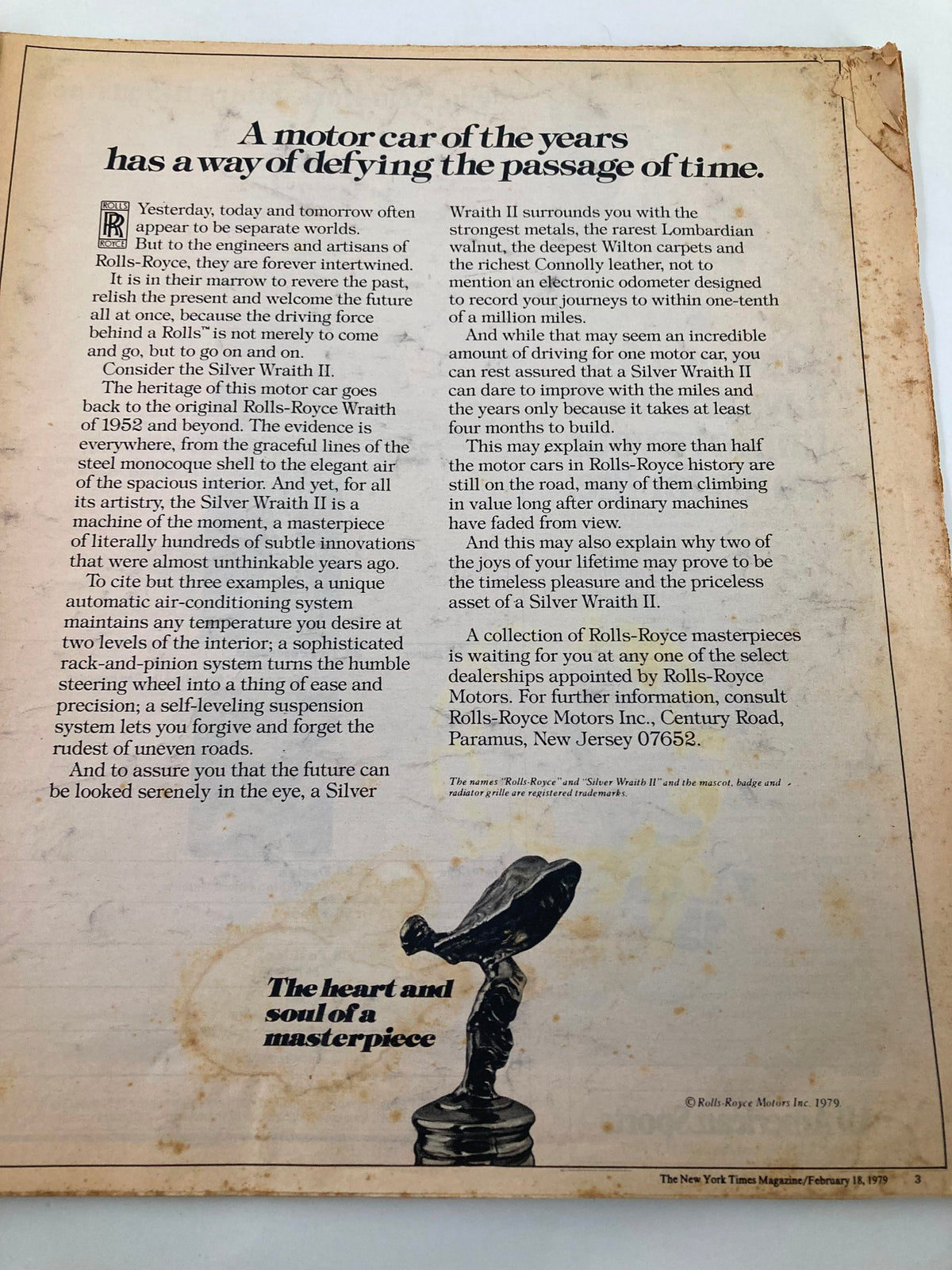 Article page from VTG The New York Times Magazine February 18, 1979, discussing the Rolls-Royce Silver Wraith II, showcasing the luxury and timeless design of this iconic car.