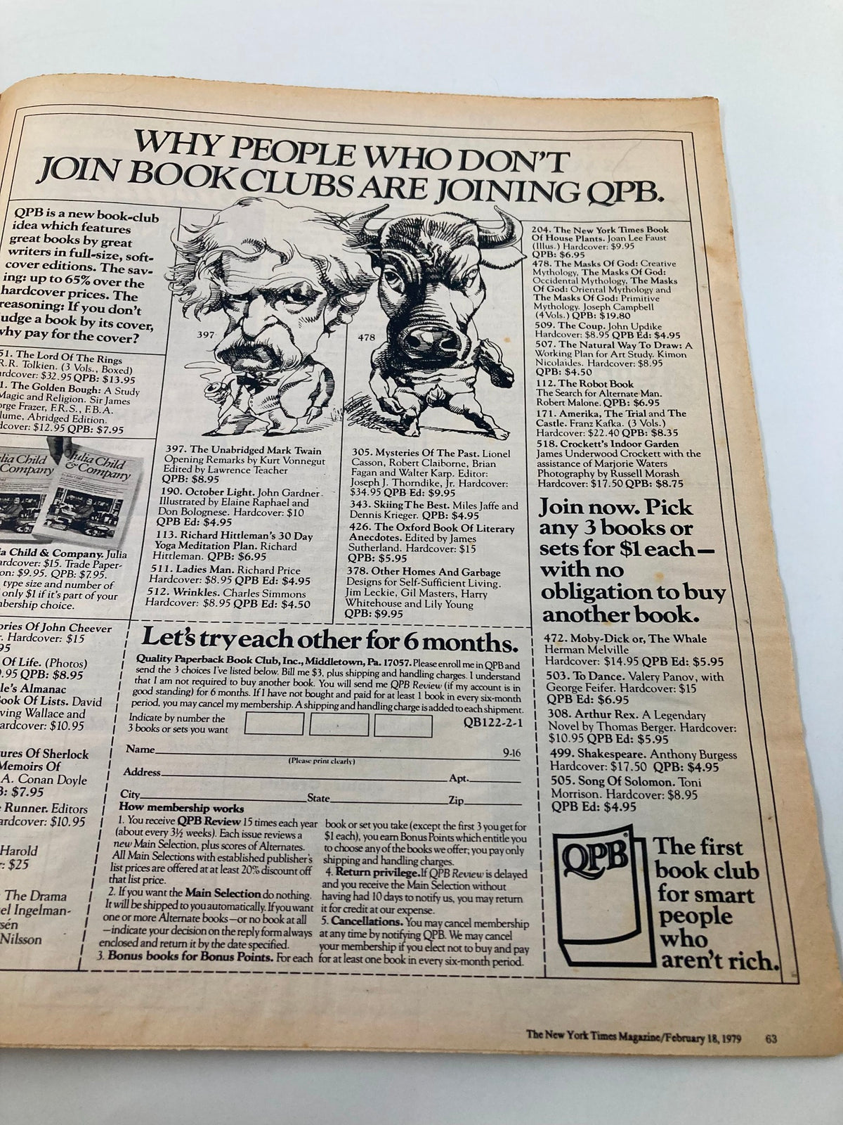 Advertising page from VTG The New York Times Magazine February 18, 1979, featuring a list of book club selections by QPB, inviting readers to join book clubs for great literary deals.