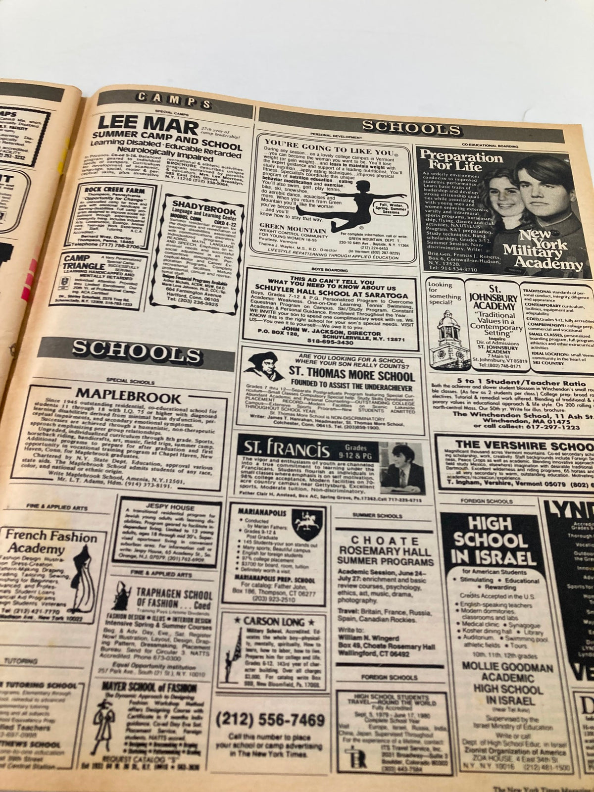 Page featuring camps and schools from VTG The New York Times Magazine February 18, 1979, providing details for educational and summer programs available to children.